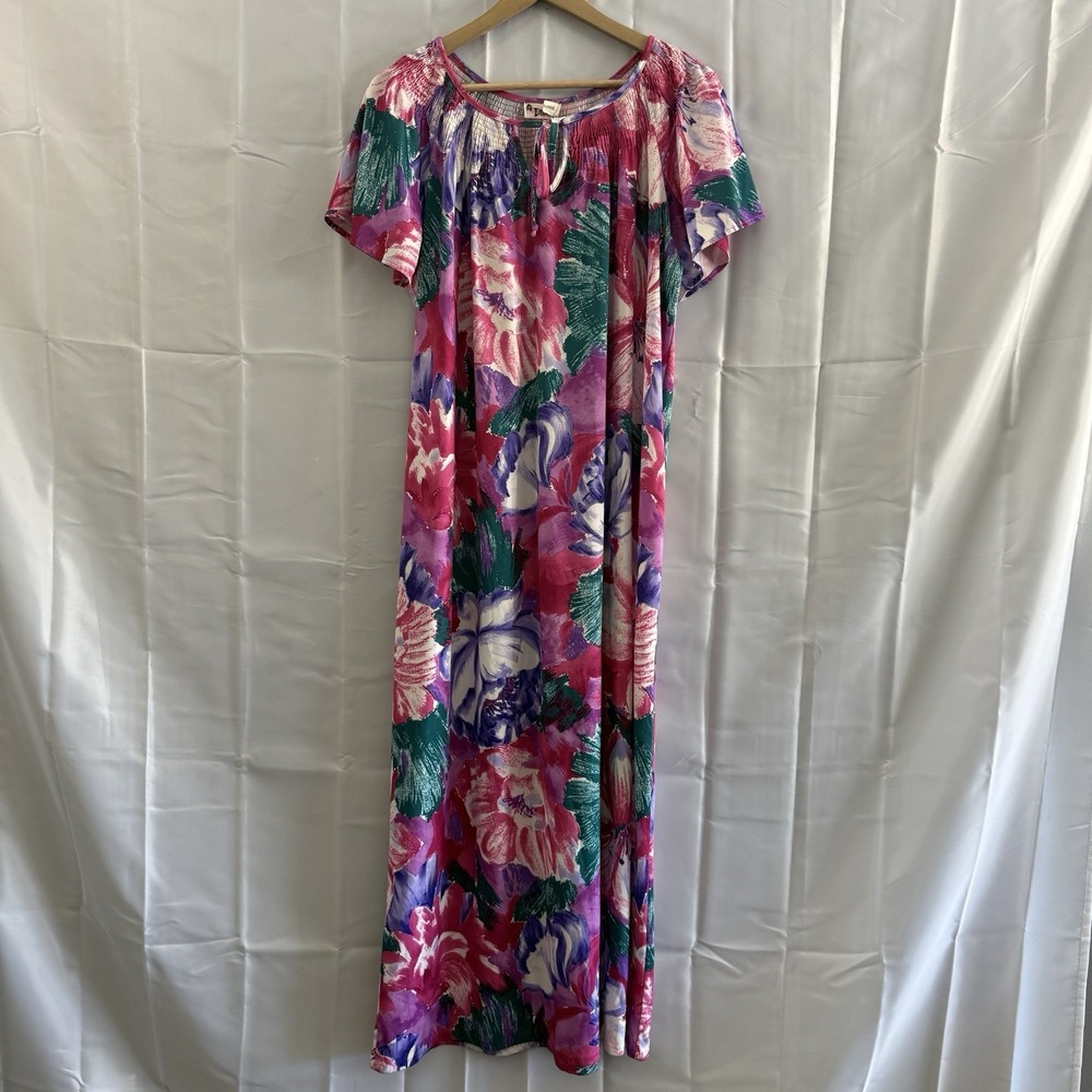 Vtg Carriage Court XXL House Dress Moo Moo Mumu Roper Pockets Pink Purple‎ Long